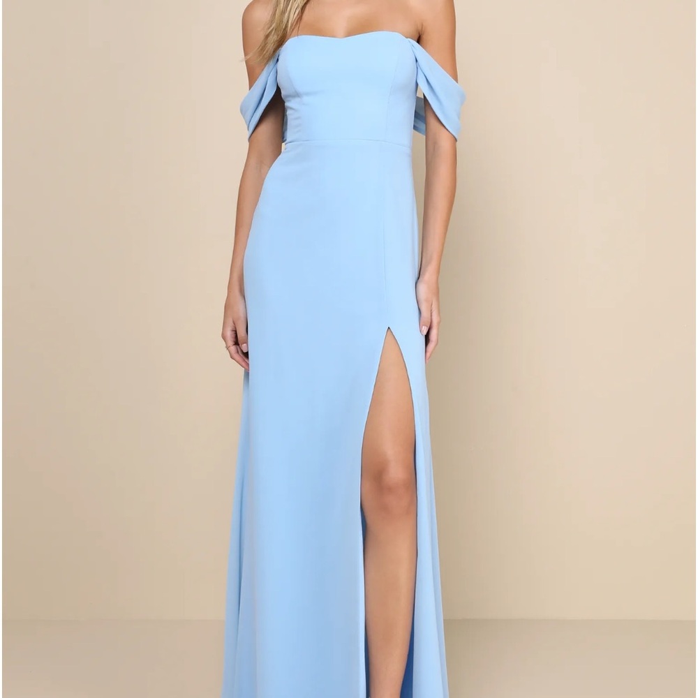 Lulu’s off the shoulder, light blue dress with slit.  NWT